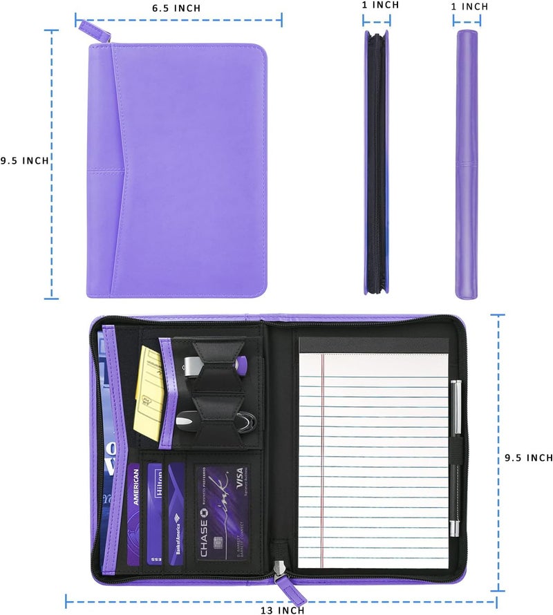 Gorbado Small Portfolio Organizer, A5 Zippered Business Portfolio, Junior Padfolio Folder Binder for Women & Men, 5 x 8 Writing Pad Included, Purple - Image 4